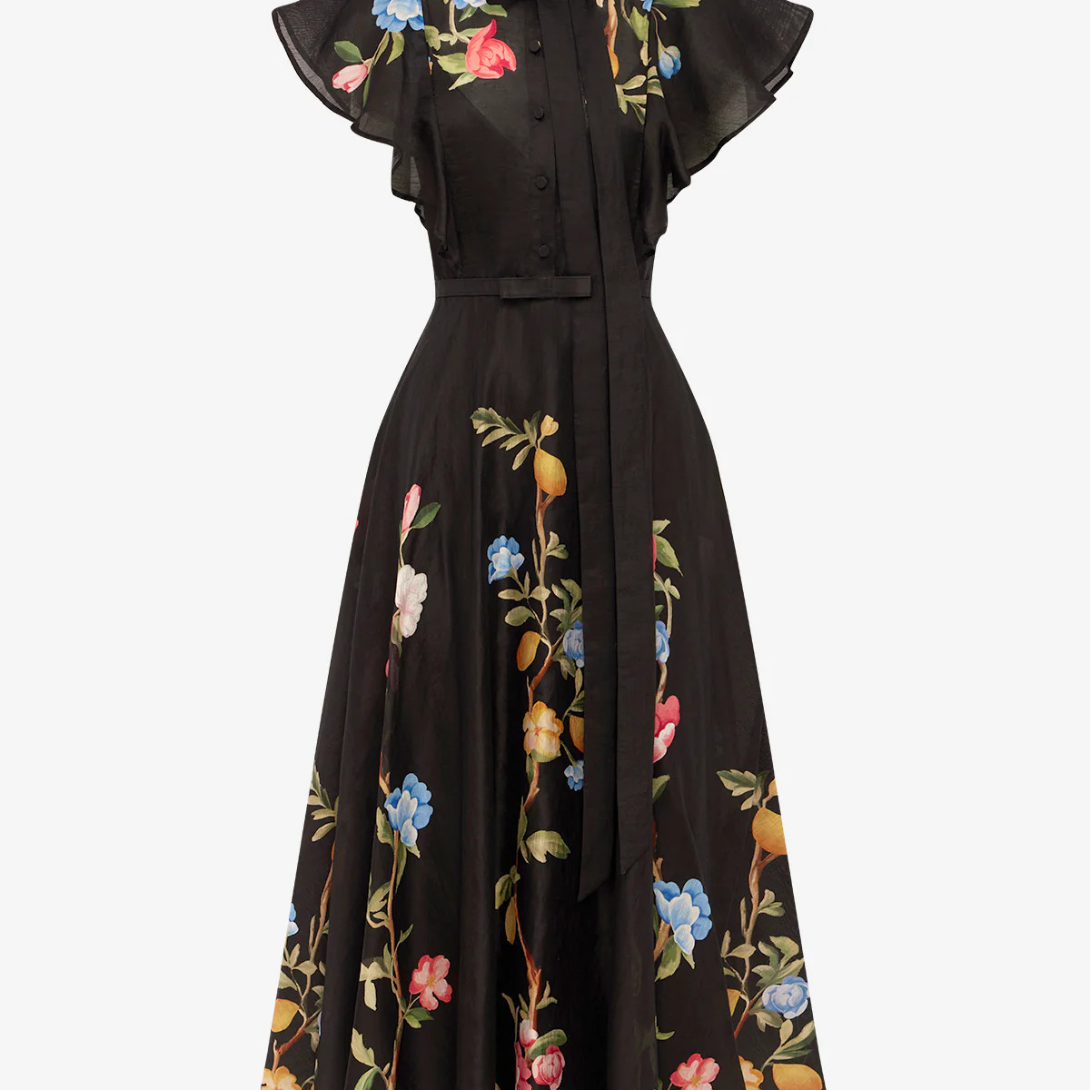Elsie Flutter Sleeve Midi Dress - Lemon Vine Print in Ebony | LEO LIN US