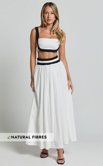 Sapphire Two Piece Set - Contrast Band Crop Top and A Line Maxi Skirt in White & Black | Showpo (US, UK & Europe)