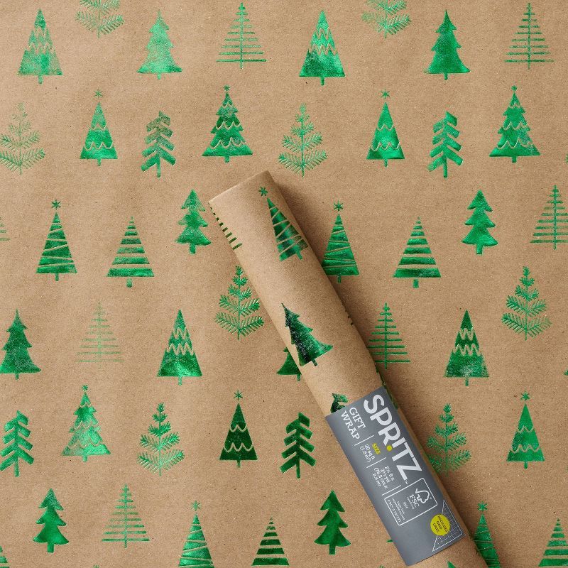 Kraft 1pc Roll Wrap with Green Foil Christmas Tree - Spritz™ | Target