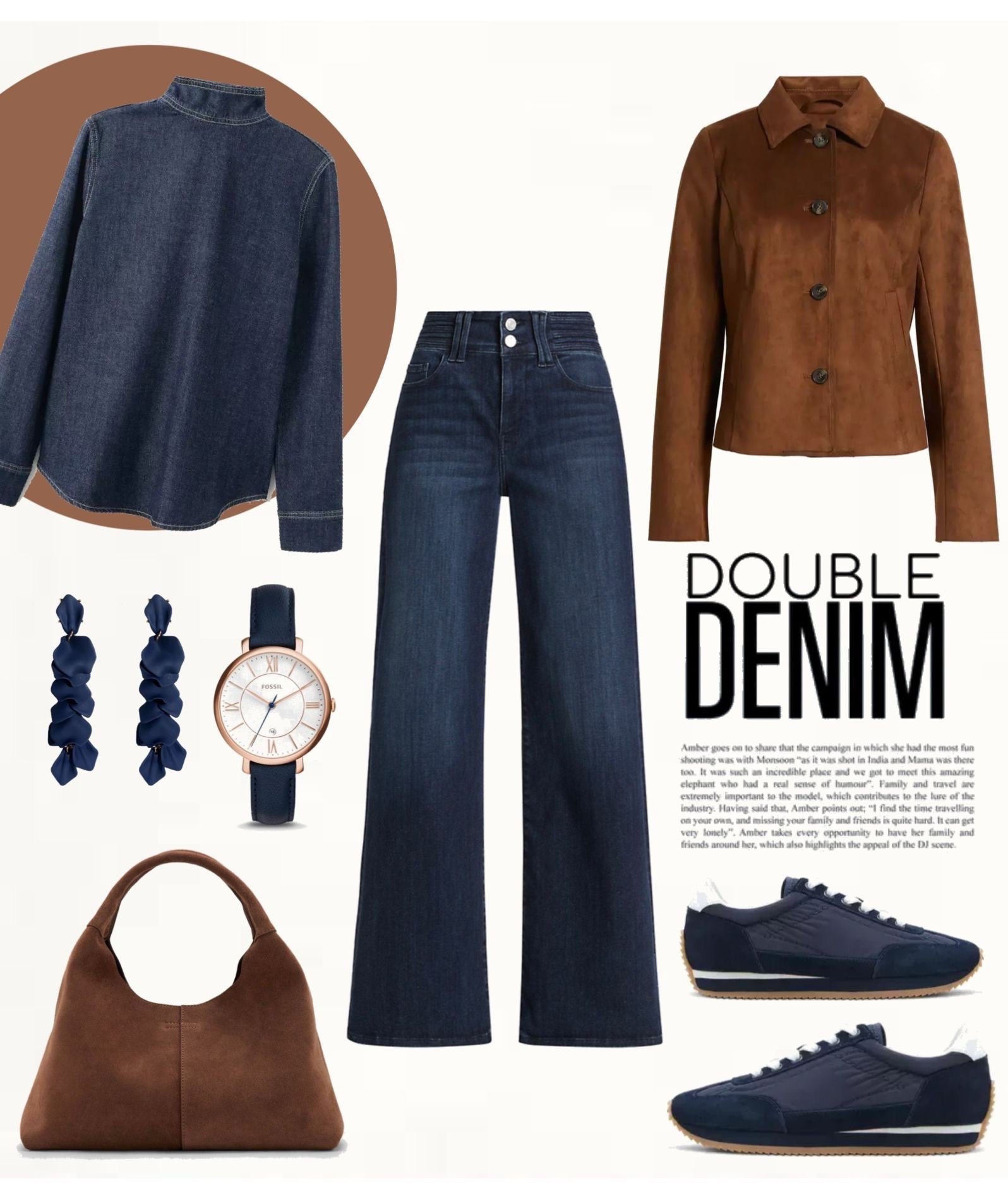 Casual double denim outfit with a dark blue denim top and high-waisted wide-leg jeans, styled with a brown leather jacket, navy sneakers, navy statement earrings, a navy watch, and a warm brown shoulder bag. Easy casual chic spring look.

#doubledenim #casualspringstyle #everydayoutfits

#LTKSeasonal #LTKOver40 #LTKootd
