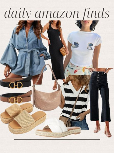 Daily Amazon finds, denin romper, black maxi dress, graphic tee, striped sweater vest, cropped jeans, belt, handbag, sandals, spring outfits, casual outfits 

#LTKfindsunder50 #LTKshoecrush #LTKstyletip