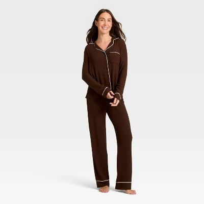 Women's Cozy Ribbed Notch Collar Long Sleeve Shirt and Pants Pajama Set - Auden™ Brown M | Target