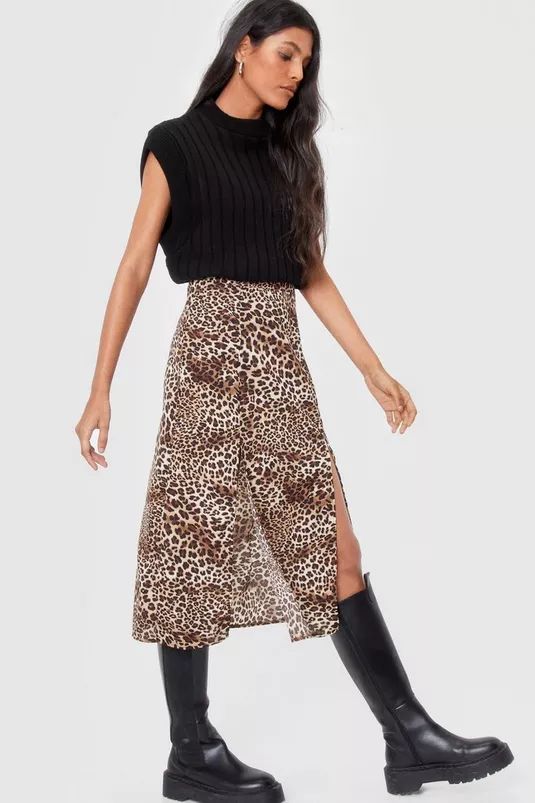 Leopard Print Slit Midi Skirt | Nasty Gal (US)