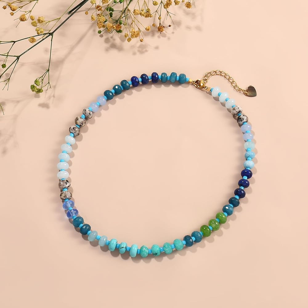 Gemstone Beaded Necklace for Women Colorful Natural Stone Freshwater Pearl Surfer Beach Rainbow N... | Amazon (US)