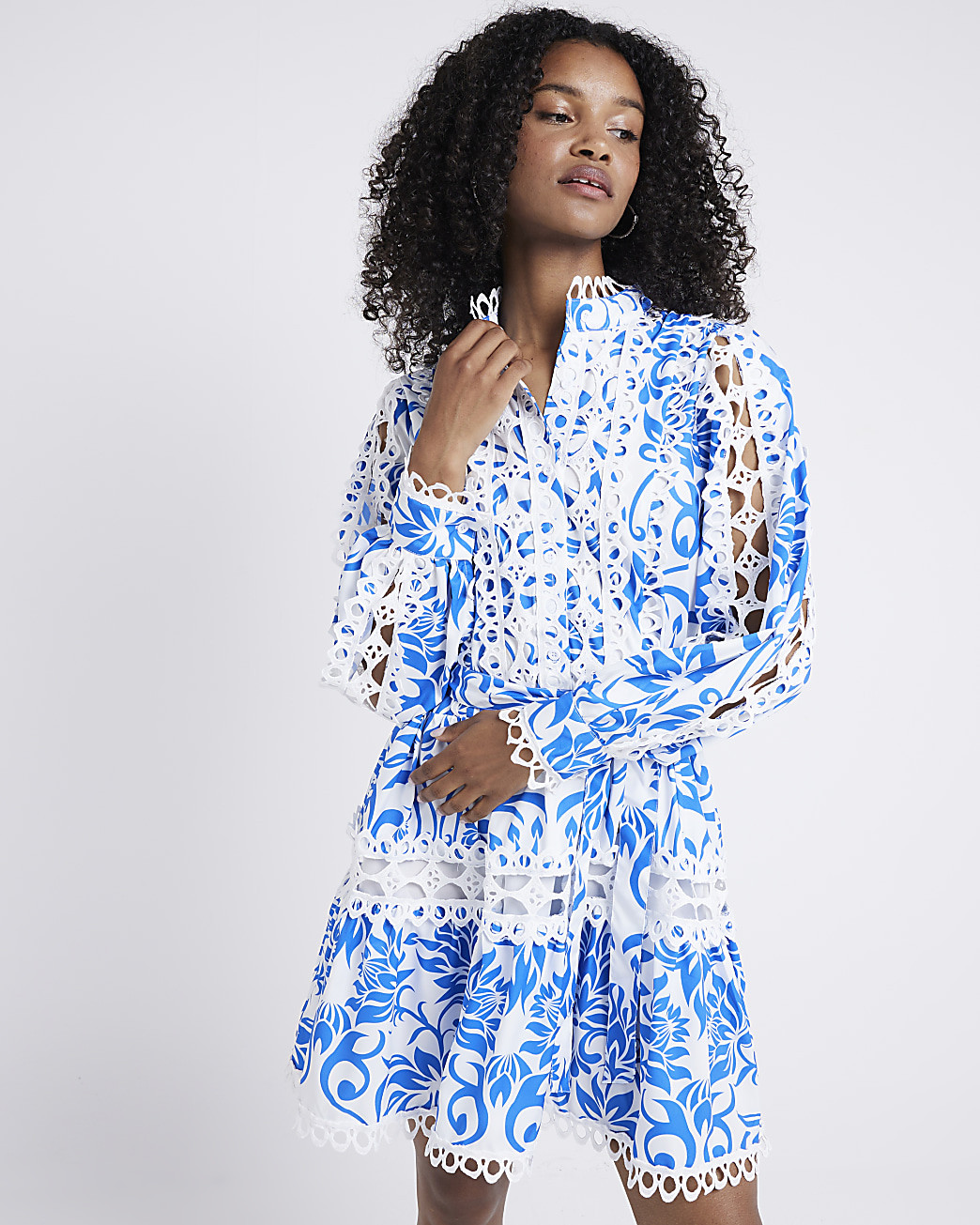Blue lace cut out mini shirt dress | River Island (UK & IE)