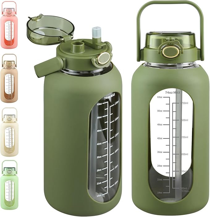 SIEROZUR 74oz Glass Water Bottle with Straw 2.2L Large Gallon Motivational Water Bottle with Hand... | Amazon (US)