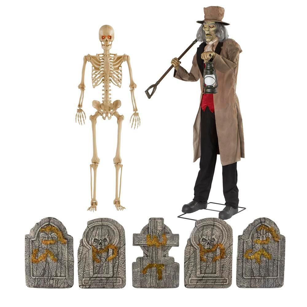 Home Accents Holiday 6.5 ft. Animated Gravedigger, 5 ft. Poseable Skeleton and 5-Piece Assorted Tomb | The Home Depot