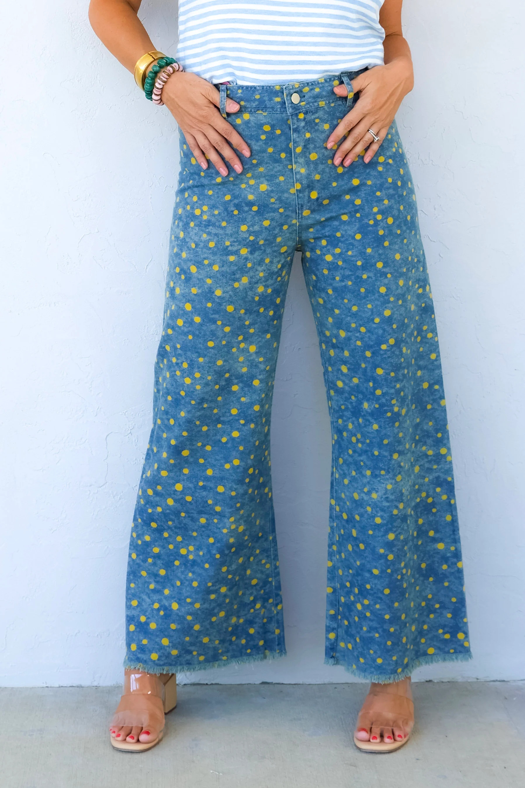 Penny Polka Dot Denim Blue Wide Leg Pant | The Willow Tree