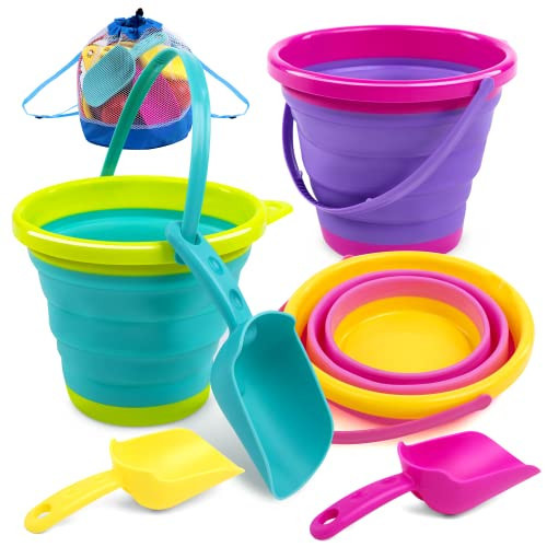 JOYIN Foldable Beach Bucket Set - 3 Packs Collapsible Toy Buckets with Shovels and Mesh Backpack for Kids Toddlers Party, Camping Gear, Travelling, Fishing Water Pail (Pink/Purple/Green) | Amazon (US)