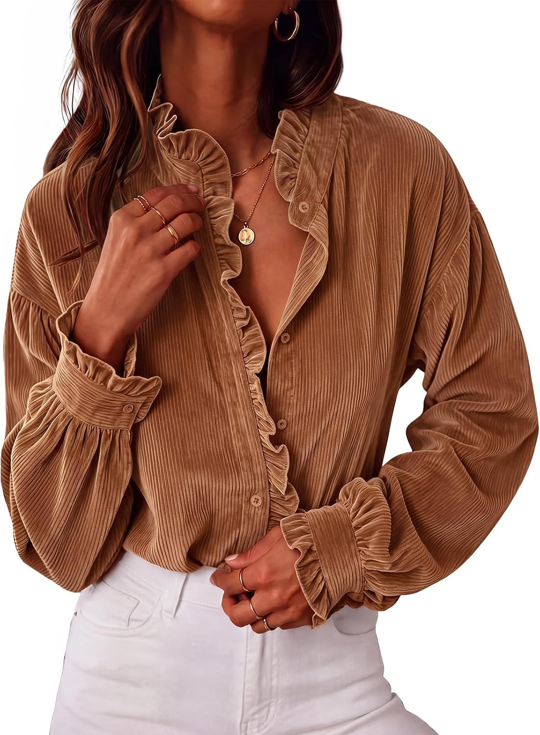 Womens Corduroy Ruffle Shirt Ruffled Button Down Blouses | Amazon (US)