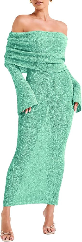 Womens Off Shoulder Bodycon Maxi Dress Bell Long Sleeve Sexy Strapless Sheer Dress Beach Swimsuit... | Amazon (US)