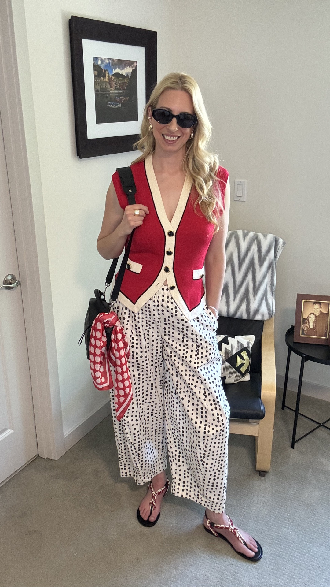 Love combining red with black and white polkadots! This vest is vintage St. John knitwear, don’t sleep on vintage St. John the quality is fantastic and you can usually find it at affordable prices! I found several similar vests, so you don’t have to 🙌

Vintage St. John vest @ebay
Polka dot pants @Zara 
@loewe puzzle bag @therealreal
Red shell scarf @gapfactory
Paracord sandals @h&m 
Sunglasses @marcjacobs 
Big gold bracelet and earrings @amazon

#LTKOver40 #LTKootd #LTKmomlife