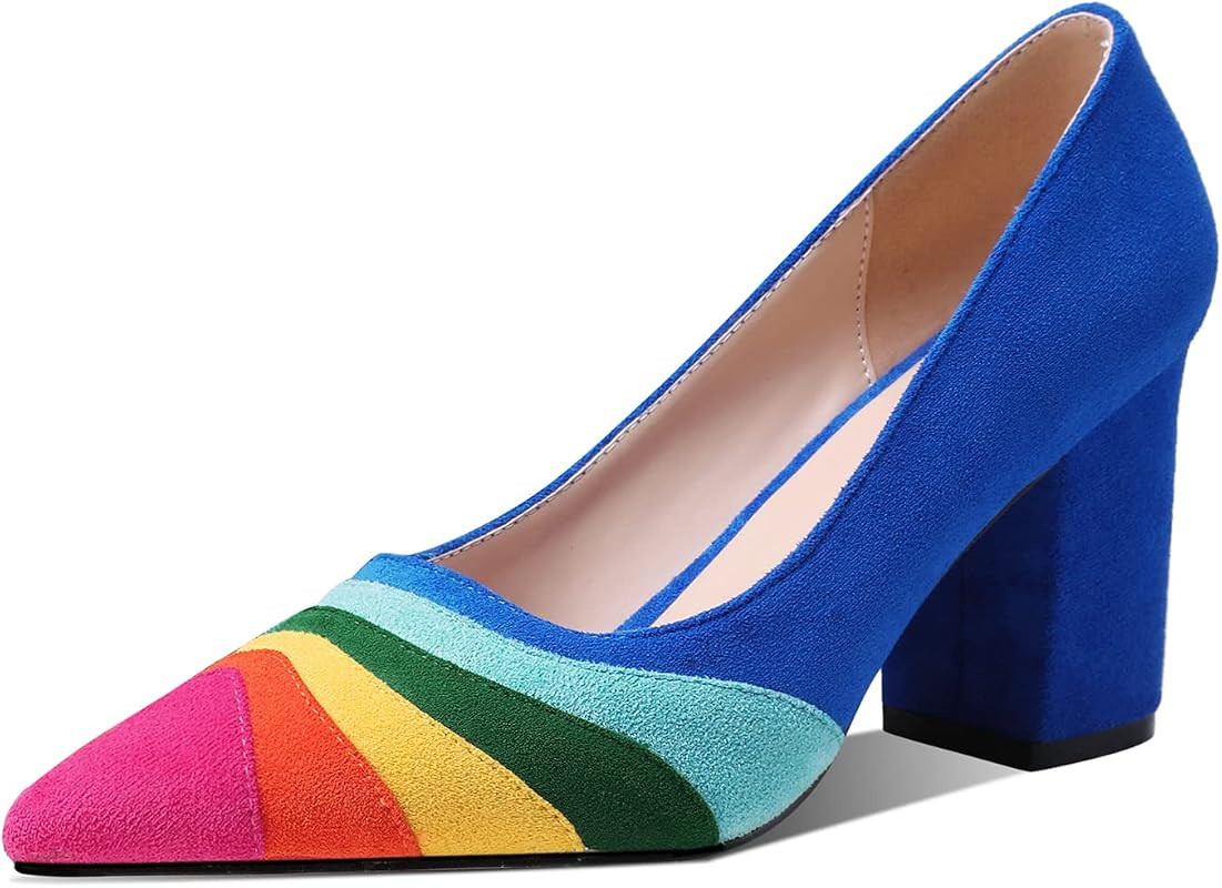 LEHOOR Women Rainbow Chunky Heel Pumps Pointed Toe Suede Multicolor High Heels 3 Inch Slip On Clo... | Amazon (US)