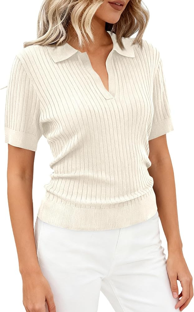 PRETTYGARDEN Women's Short Sleeve Sweater 2026 Spring Polo Shirts Ribbed Knit V Neck Business Cas... | Amazon (US)