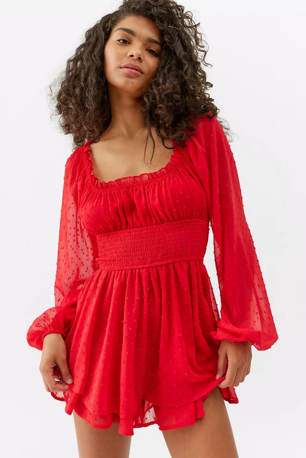 UO Rosie Smocked Long Sleeve Romper | Urban Outfitters (US and RoW)