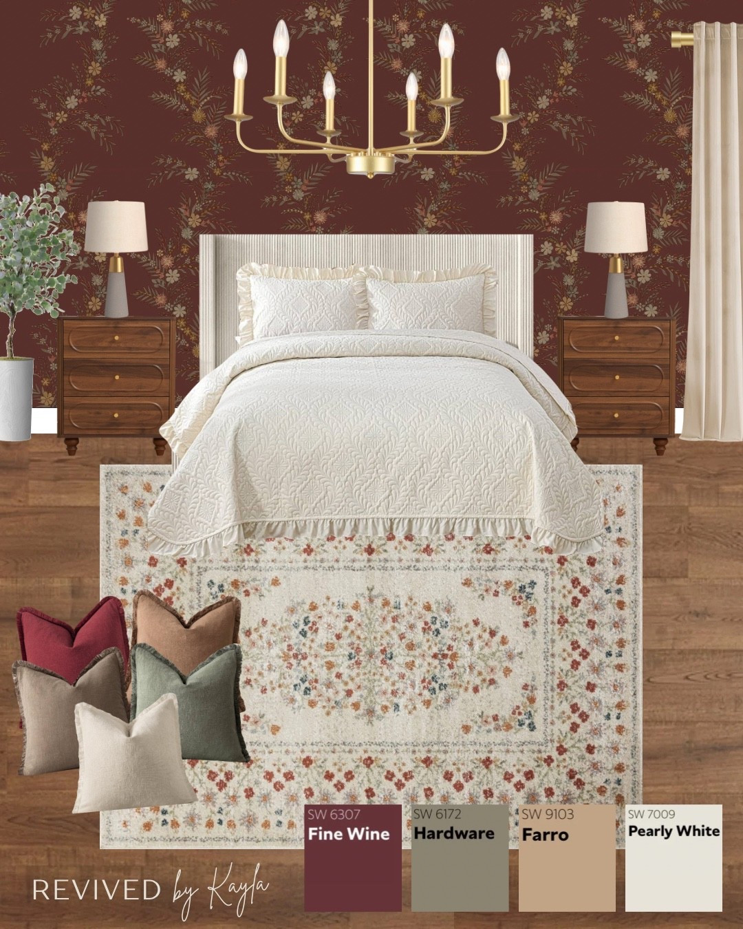 Moody wine red and cream bedroom design 🥀 I absolutely love this floral wallpaper and rug together 

#bedroomdesign #bedroomdecor #bedroommakeover #guestroom #masterbedroom #moodydecor #modernhome #homedecor #cozy #homedesign #interiordesign #homeinspo #inspiration #creambed #neutralrug #wallpaper #throwpillows #curtains #goldchandelier #goldlightfixture #woodflooring #lamps  #amazon #wayfair #lowes #sherwinwilliams 

#LTKFindsUnder50 #LTKHome #LTKFindsUnder100