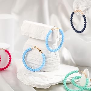 Bonuci 9 Pairs Acrylic Beaded Hoop Earrings for Women Bohemian Round Bead Earrings Mixed Color Da... | Amazon (US)