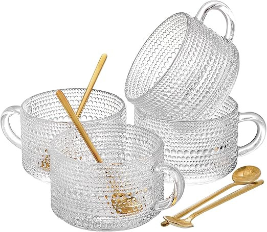 ZOOFOX Set of 4 Glass Coffee Mugs, 14 Oz Clear Glass Cups with Golden Spoons, Vintage Embossed Co... | Amazon (US)