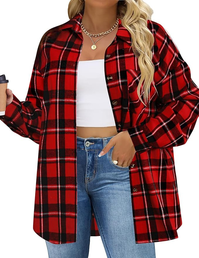 IN'VOLAND Womens Plus Size Flannel Plaid Shirts Roll Up Long Sleeve Casual Collared Button Down S... | Amazon (US)