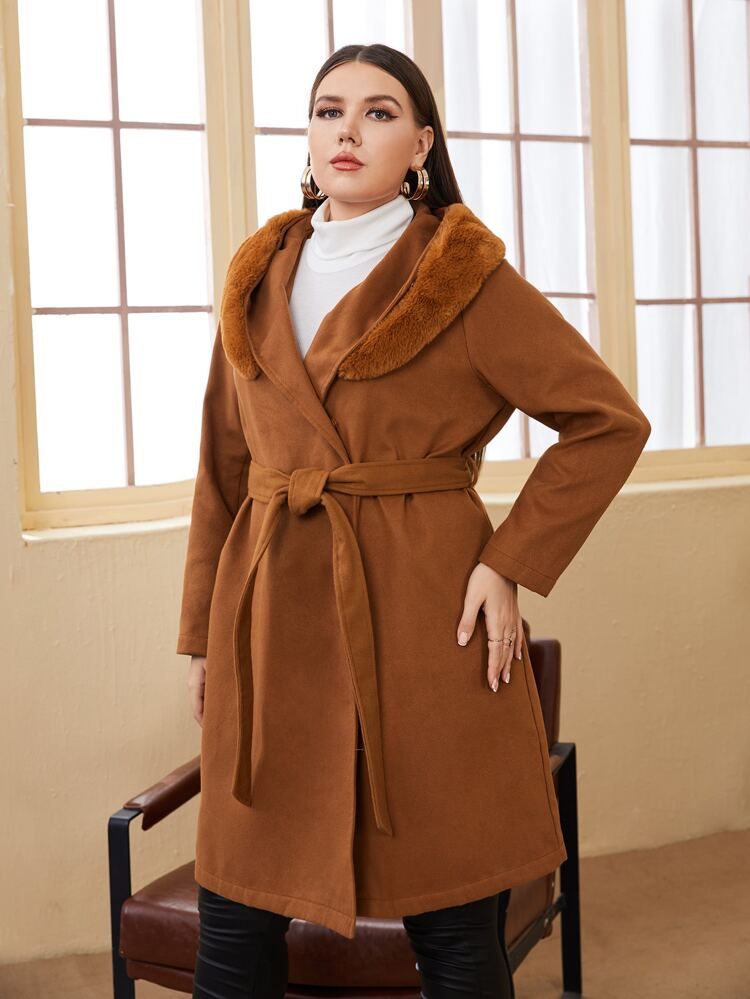 SHEIN Plus Fuzzy Trim Self Belted Overcoat | SHEIN