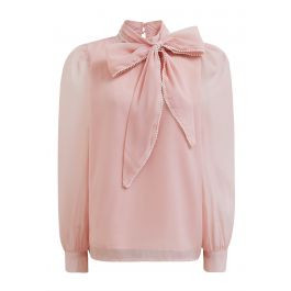 Pearly Bowknot Puff Sleeve Shirt in Pink | Chicwish