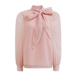 Pearly Bowknot Puff Sleeve Shirt in Pink | Chicwish