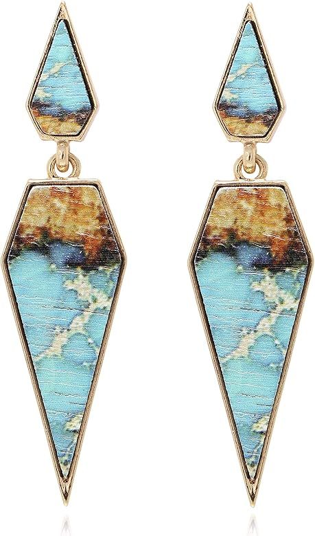 Bohemian Wood And Marble Effect Pentagon Shaped Drop Statement Earrings | Amazon (US)
