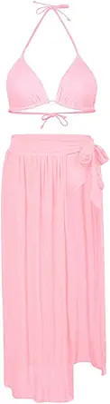 Women's 3 Pieces Halter Neck High Waist Bikini Bathing Suit with Maxi Cover up Skirt | Amazon (US)
