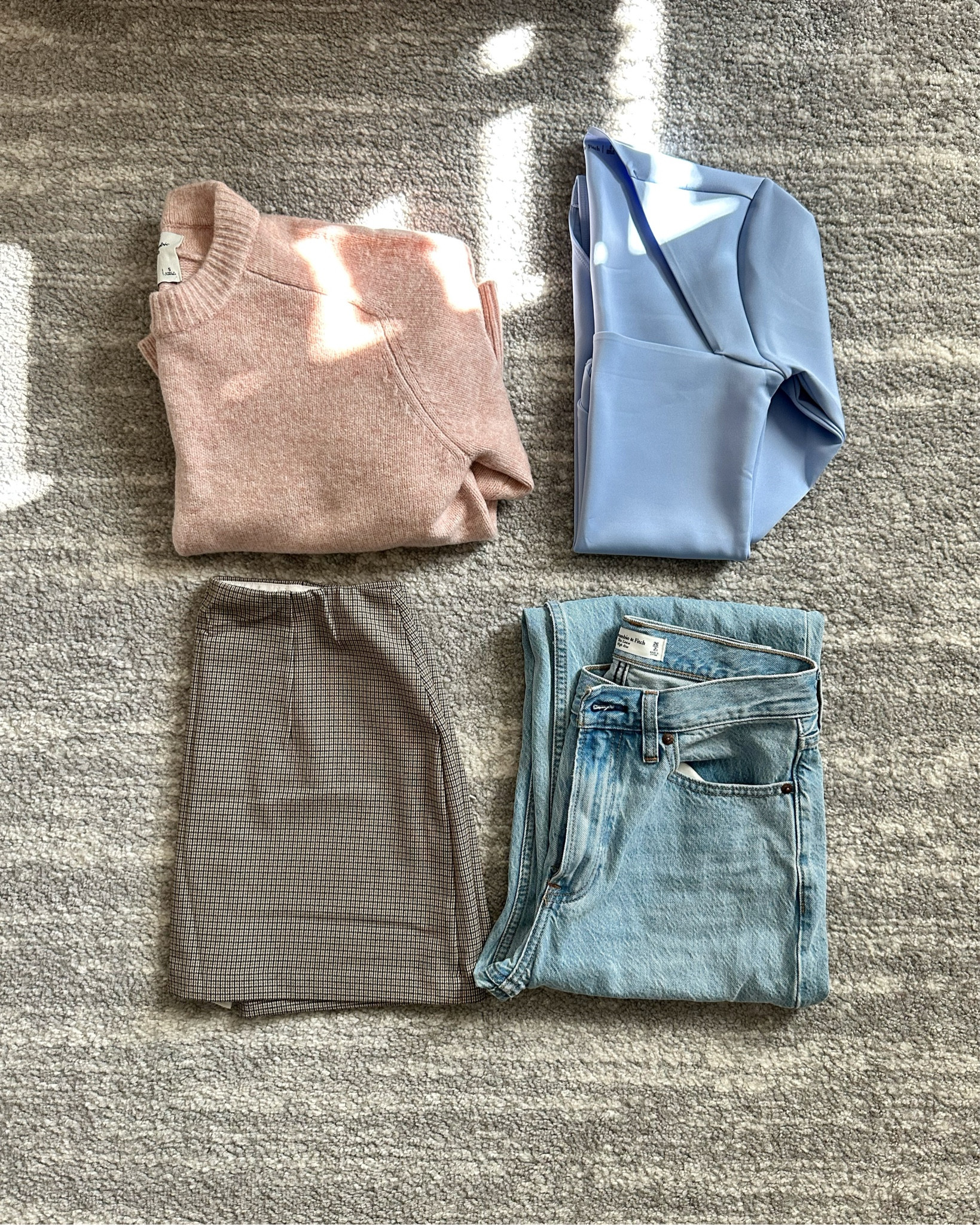 been on an AF shopping spree lately 🙈 pictured here: super soft pink sweater (size small), plaid skort (size small), light blue bodysuit (scuba material!! size small), and some loose jeans (size 26 short) ✌️ {12.21.24}

#LTKSaleAlert #LTKOver40