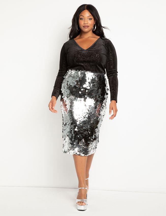 Mixed Sequin Column Midi Skirt | Eloquii