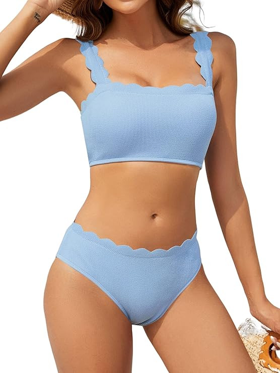 ZAFUL High Waisted Swimsuits for Women Scalloped Bikini Sets Back Lace-Up Tankini Sets Tummy Cont... | Amazon (US)