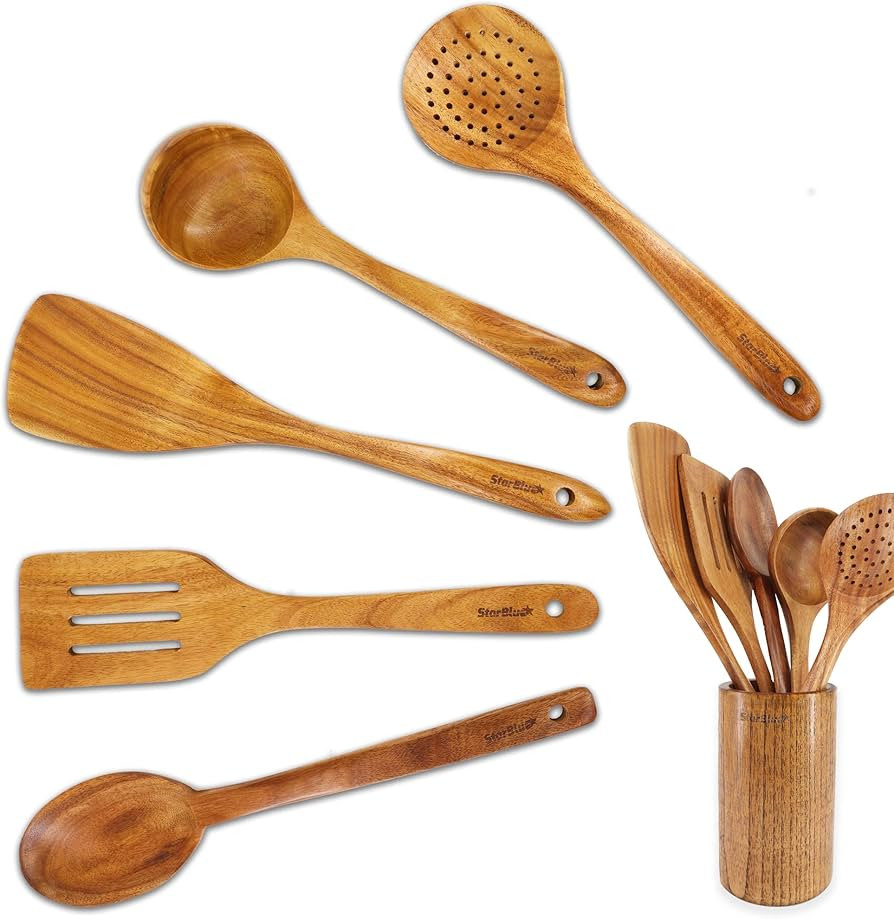 Acacia Wooden Utensils Set 6 Pcs by StarBlue - Non-Scratching, Durable and Natural Spatulas for N... | Amazon (US)