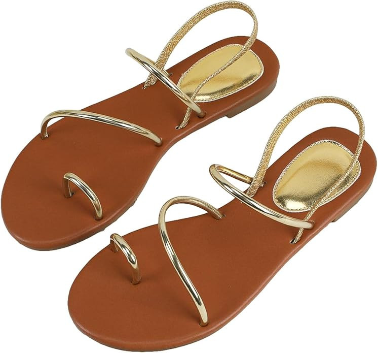 GORGLITTER Women's Metallic Sparkly Strappy Flats Sandal Cute Toe Ring Ankle Sandals Gold 6.5 | Amazon (US)