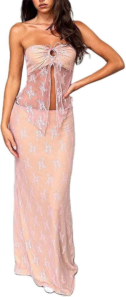Women's 2 Piece Skirt Set Strapless Sheer Lace Tube Top Bodycon Maxi Skirt 2Pcs Outfit | Amazon (US)