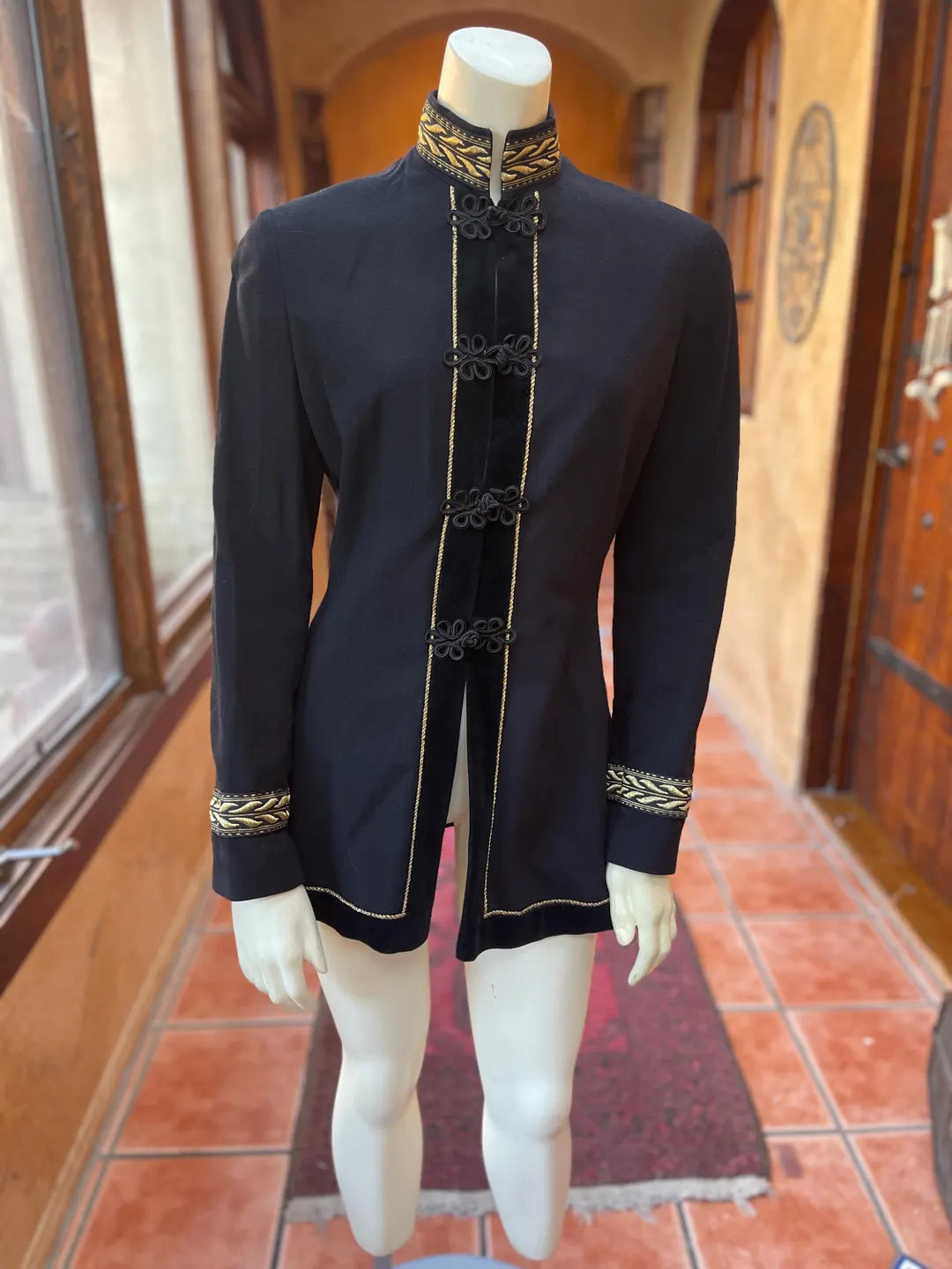 Vintage 1990s "Thalian" Black Wool Mandarin Jacket Gold Trim Frog Closure Statement Blazer | Etsy (US)