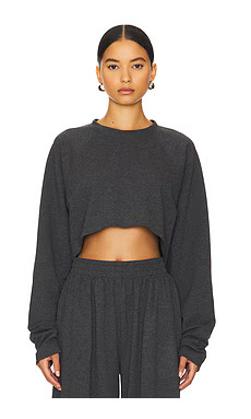 Norma Kamali Oversized Raglan Sleeve Cropped Top in Dark Heather Grey from Revolve.com | Revolve Clothing (Global)