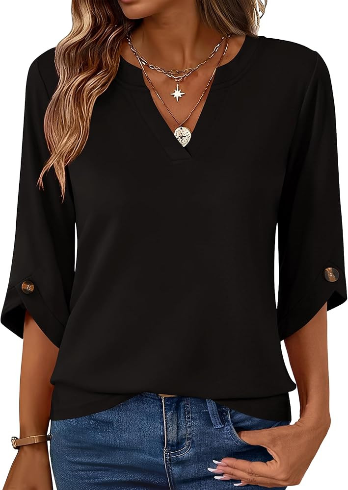 Kistore Womens 3/4 Length Sleeve Tunic Tops Casual V Neck Shirts Business Work Blouses Trendy Flo... | Amazon (US)
