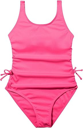 OYOANGLE Girl's Cute Spaghetti Straps Round Neck Drawstring One Piece Swimwear Tie Bathing Suit | Amazon (US)