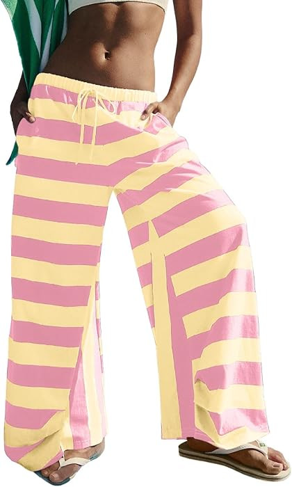 Lepunuo Women Striped Wide Leg Pants Beach Travel Wear with Pockets | Amazon (US)