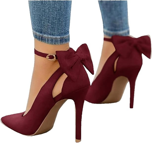 Fashare Womens High Heels Bow Tie Back Sexy Stiletto Ankle Strap Wedding Dress Pumps Shoes | Amazon (US)