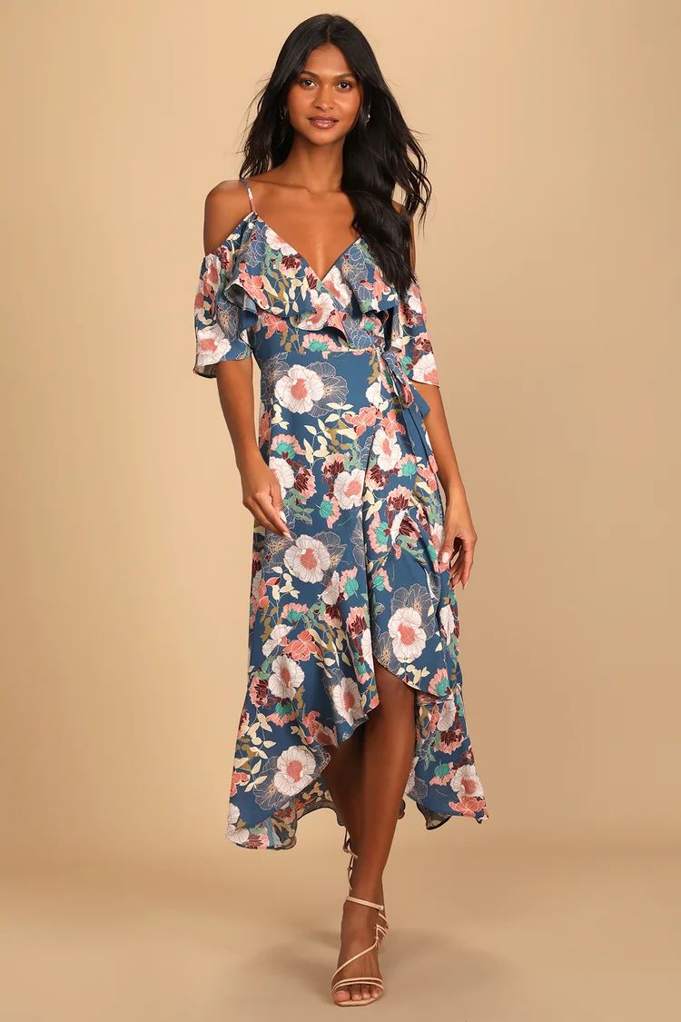 Fully Bloomed Blue Floral Print Off-the-Shoulder Maxi Wrap Dress | Lulus (US)