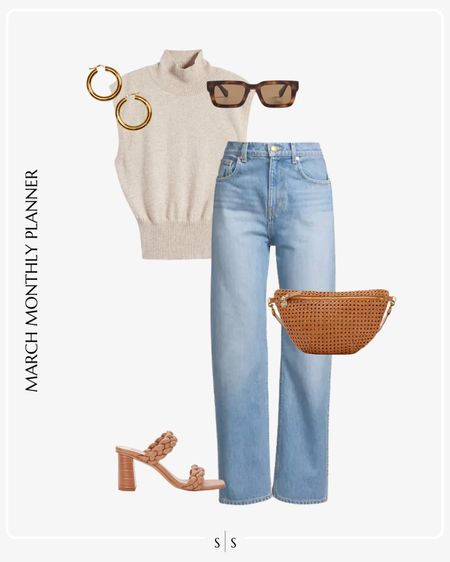 Monthly outfit planner: MARCH: Winter to Spring transitional looks | wide leg jean, turtleneck sweater tank, perforated belt bag, woven heeled sandals 

Casual date night outfit 

See the entire calendar on thesarahstories.com ✨ 

#LTKstyletip