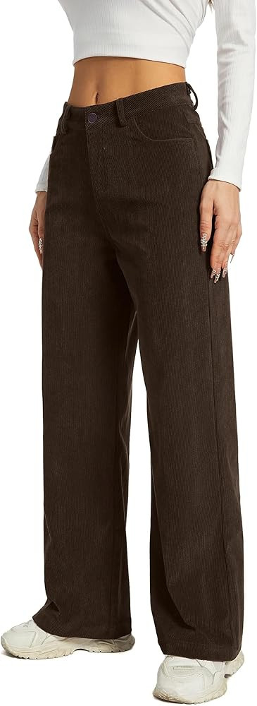 KICZOY Women Mid Rise Corduroy Pants Casual Fall Straight Leg Work Trousers | Amazon (US)