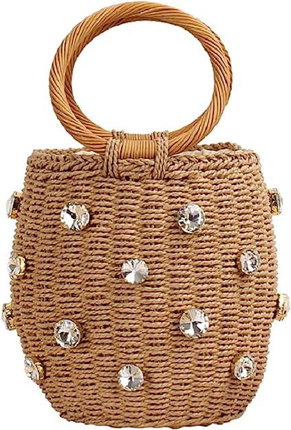 NIBD Flower Pearls Rattan Tote Bag Summer Beach Drawstring Straw Bucket Bag Diamonds Woven Handba... | Amazon (US)