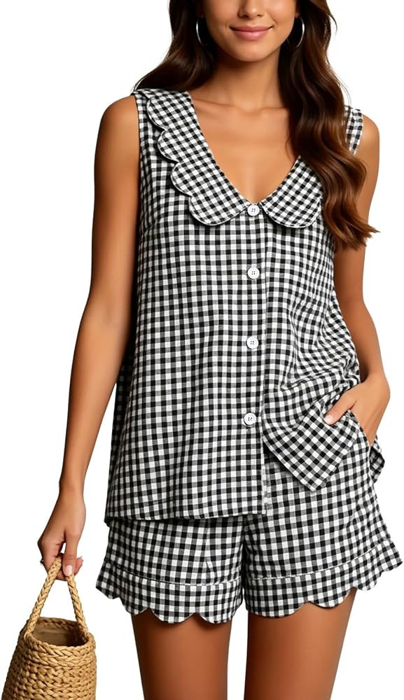 Women's Gingham Two Piece Set - Plaid Sleeveless Button Down Top & Shorts Scalloped Trim Pajama L... | Amazon (US)