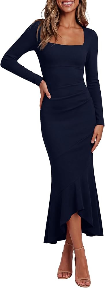Caracilia Womens Fall Long Sleeve Slim Fit Formal Midi Cocktail Dress | Amazon (US)
