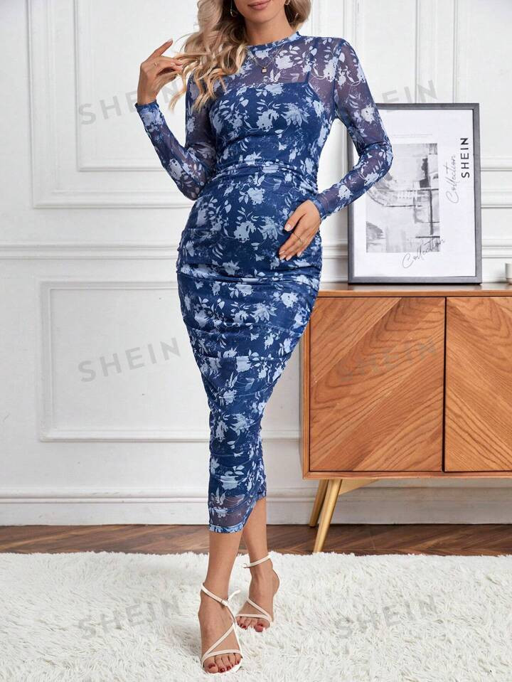 SHEIN Maternity Floral Print Ruched Side Mesh Bodycon Dress | SHEIN