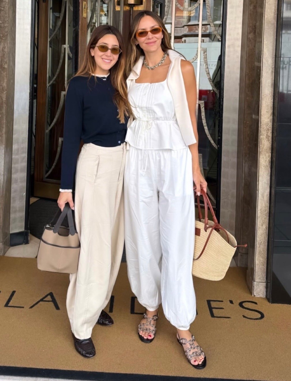 Catherine McPhee white button front belted sleeveless top matching white pants straw bag ￼