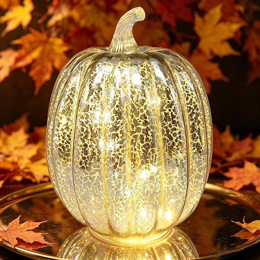 Fall Decorations for Home,Mercury Glass Pumpkin Lights with Timer(Silver) | Amazon (US)