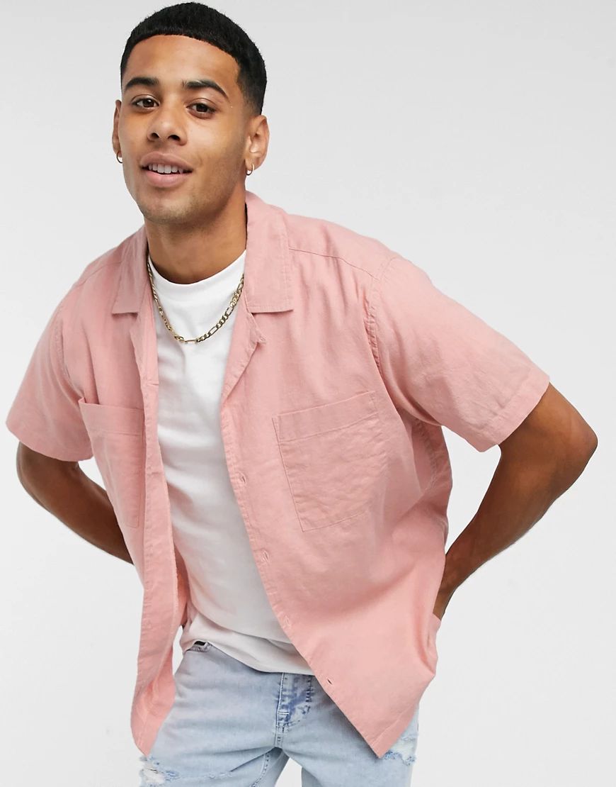 Topman short sleeve linen shirt with revere collar in pink | ASOS (Global)